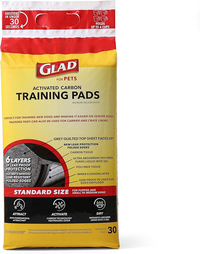 Glad for Pets Black Charcoal Puppy Pads, All-in-One | Puppy Potty Training Pads That ABSORB & NEUTRALIZE Urine Instantly | New & Improved Quality Puppy Pee Pads, 30 count - 6 Pack