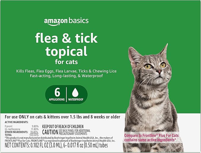 Amazon Basics Flea and Tick Topical Treatment for Cats (over 1.5 lbs), 6 Count (Previously Solimo)