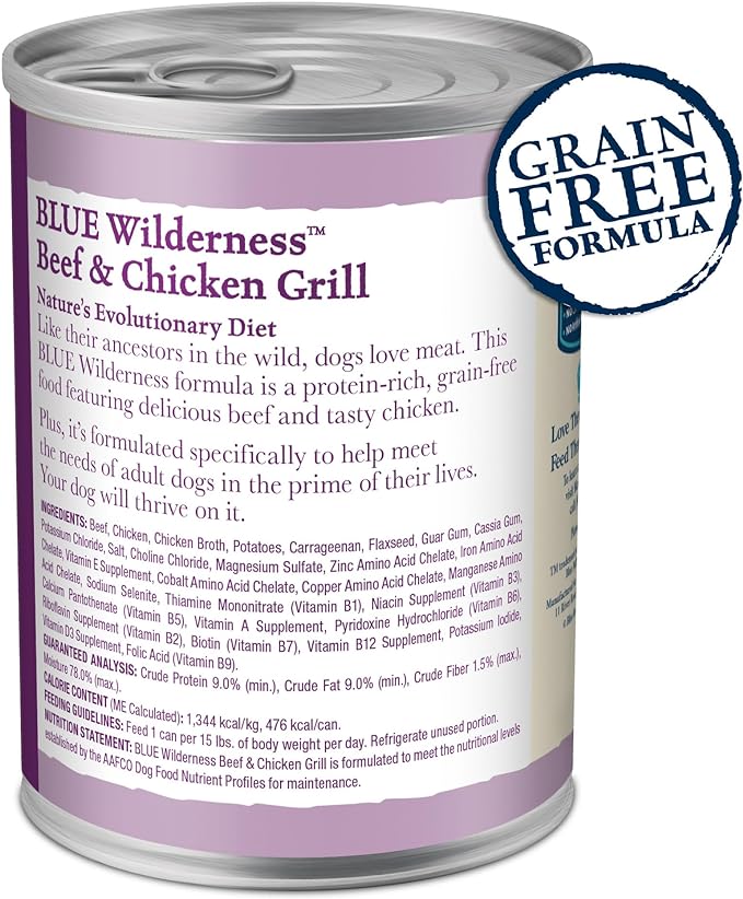 Blue Buffalo Wilderness Adult Wet Dog Food, High-Protein & Grain-Free, Made with Natural Ingredients, Beef & Chicken Grill, 12.5-oz. Cans, 12 Count