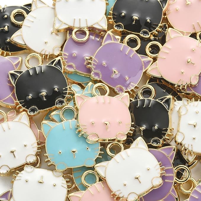 KitBeads 40pcs Mixed Colors Cat Charms Cartoon Animal Cat Head Charms Cute Pets Enamel Kitten Charms for Jewelry Making Bracelets Bulk