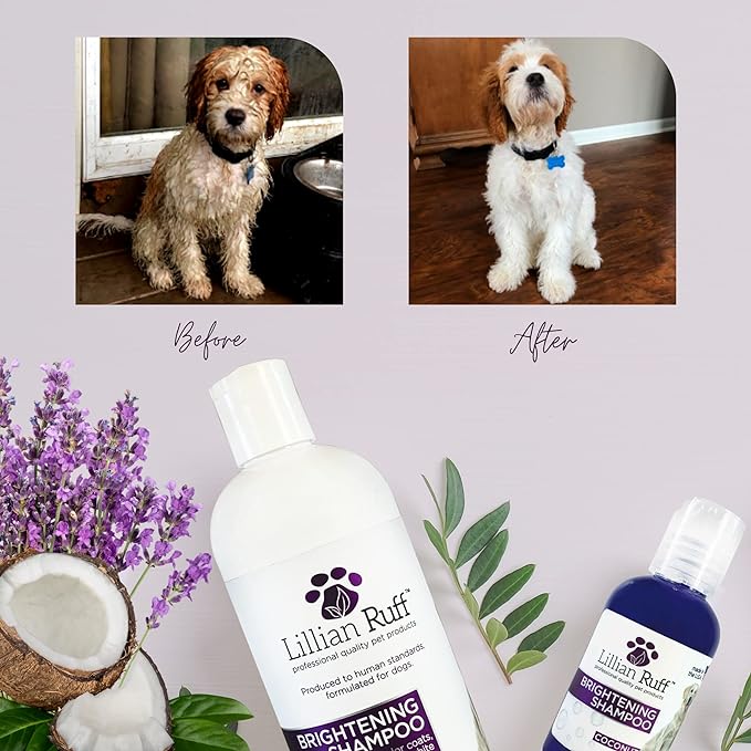 Lillian Ruff Ultra-Brightening Professional Whitening Shampoo for Dogs & Leave-in Dog Conditioner Detangler Spray Set - pH-Balanced Dog Whitening Shampoo & No Rinse Hydrating Dog Conditioning Spray