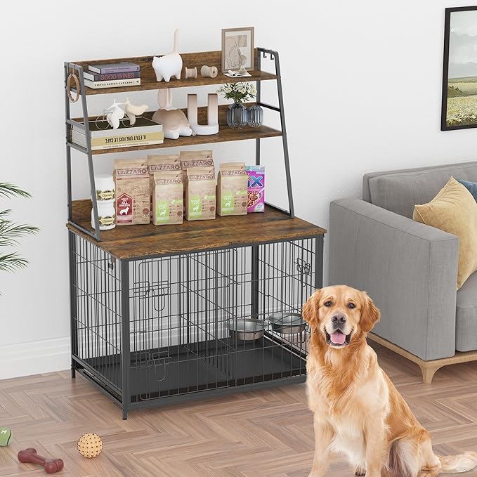 GAOMON Wooden Dog Crate Furniture with Storage Shelves,Dog Kennel Indoor with Removable Tray,Double Doors Modern Dog Crate, Dog House with Two Adjustable Stainless Steel Bowls,End Table Dog Crate