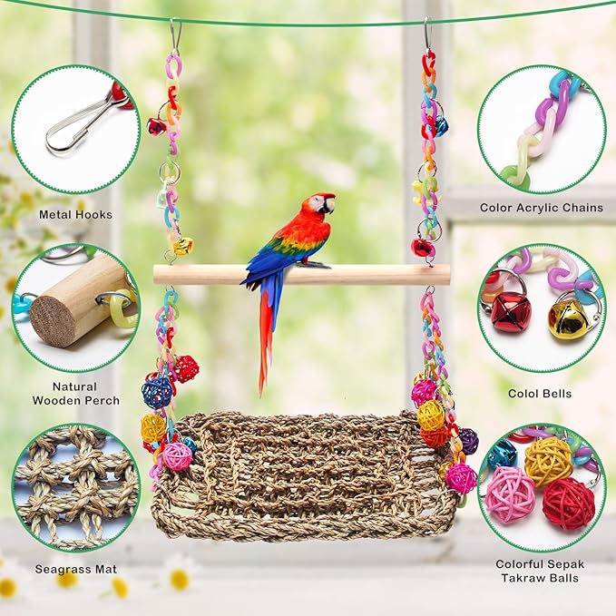 Bird Swing Toys with Wood Perch, AHIER Bird Seagrass Woven Hammock Swing Mat Bird Climbing Hammock Bird Perch Stand Chewing Toy for Parakeets, Budgie, Conure, Cockatiel, Lovebird