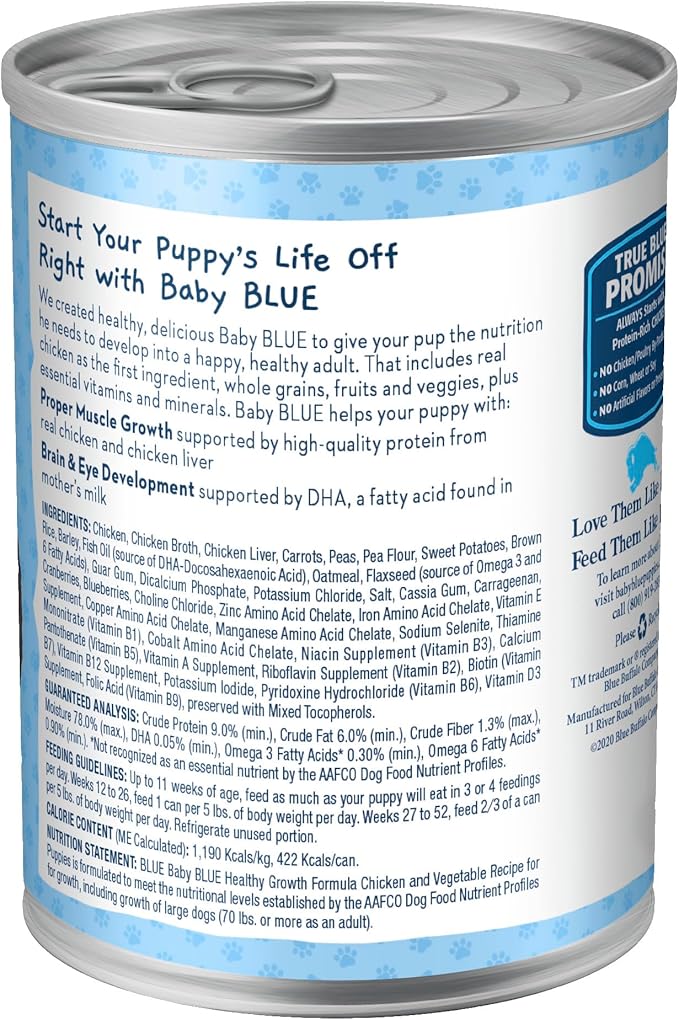 Blue Buffalo Baby BLUE Natural Puppy Wet Dog Food, Healthy Growth Formula with DHA, Chicken and Vegetable Recipe, 12.5-oz. Cans (12 Count)