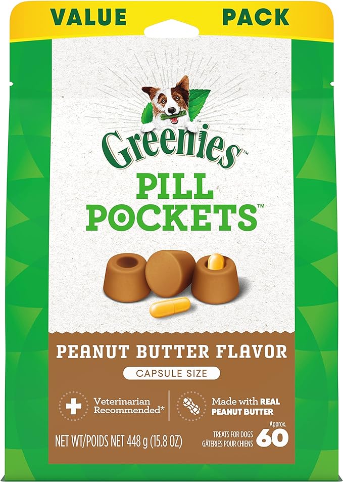 Greenies Pill Pockets for Dogs Capsule Size Natural Soft Dog Treats with Real Peanut Butter, 15.8 oz. Pack (60 Treats)