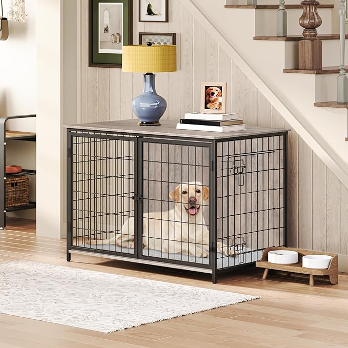 Dog Crate Furniture with Cushion, Wooden Dog Kennel with Double Doors, Heavy Duty Dog Cage for Small/Medium/Large Dogs, Indoor Dog House End Table, 39.4" L, Greige DCHG10701