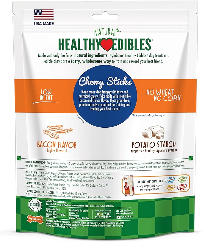 Nylabone Healthy Edibles Chewy Sticks Dog Training Treats Bacon & Cheese, 12 Ounce (1 Count)