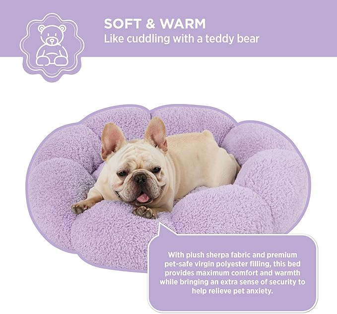 Lesure Calming Medium Dog Bed - Flower Donut Round Fluffy Puppy Bed in Plush Teddy Sherpa, Non-Slip Cute Flower Cat Beds for Indoor Cats, Medium Pet Bed Fits up to 45 lbs, Machine Washable, Purple 30"