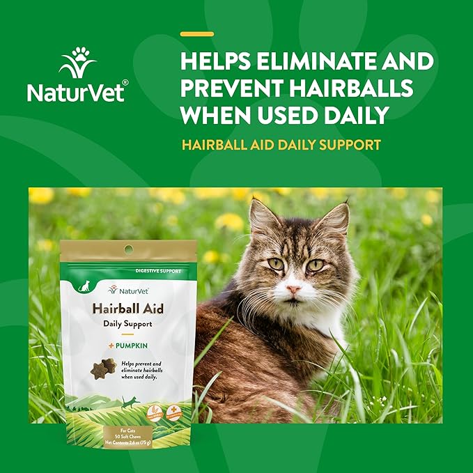 NaturVet Hairball Remedy Vitamin & Digestive Aid Supplement for Cats – Pet Health Supplement for Cat Hairballs, Digestive System Support – Includes Pumpkin, Vitamins – 50 Ct.