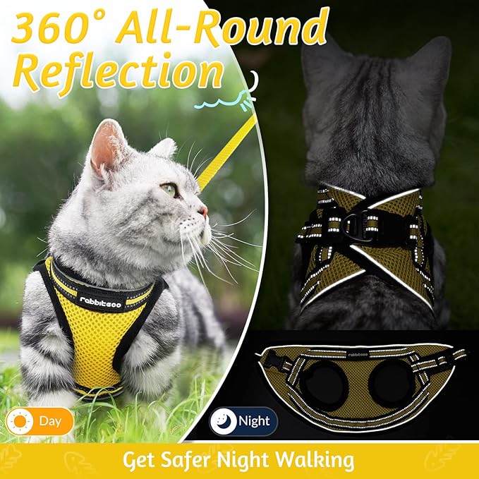 rabbitgoo Cat Harness and Leash Set for Walking Escape Proof, Adjustable Soft Kittens Vest with Reflective Strip for Cats, Comfortable Outdoor Vest, Bright Yellow, M