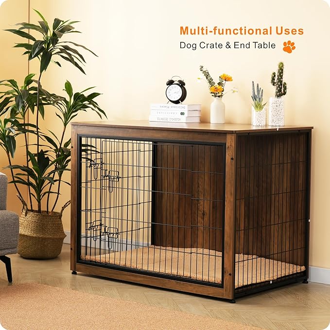 DWANTON Dog Crate Furniture with Cushion, XL Wooden Dog Crate with Double Doors, Large Dog Crate Furniture, Dog Kennel Indoor, Dog House, Extra Large, 43.3" L, Warm Brown