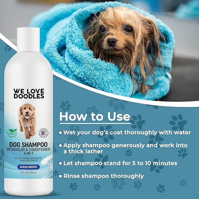 USDA Organic Dog Shampoo, Conditioner & Detangler - Best Shampoo for Goldendoodles, Poodles & Doodles - for Matted Pet Hair - Sensitive Skin Shampoo for Puppies - Made in The USA, 16OZ (Ocean Breeze)