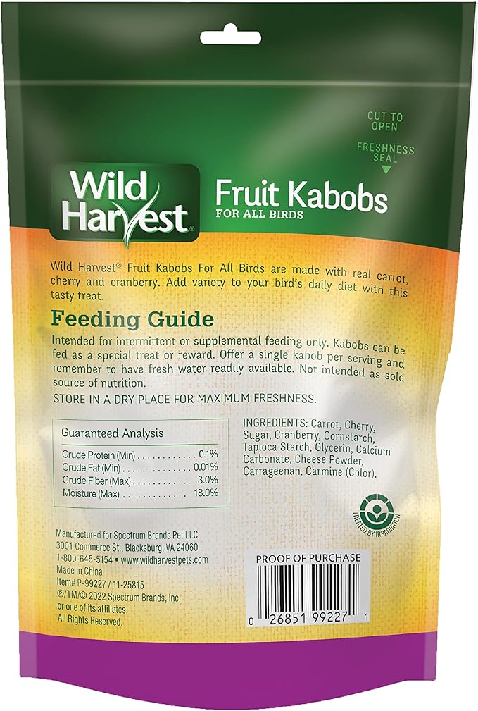 Wild Harvest Fruit Kabobs for All Birds, 6 Count, Made with Real Carrot, Cherry and Cranberry with Edible Skewer, 0.52 Ounce (Pack of 6)