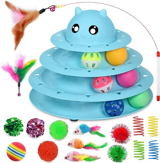 UPSKY 20 PCS Cat Toys, Cat Roller Toy 3-Level Turntable Cat Toys Balls for Indoor Cats, Kitten Toys Set with Cat Teaser Toys, Mice Toys, Spring toys, and Various Ball Toys.