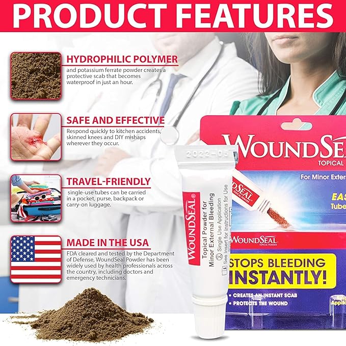 WoundSeal Powder 4 Each (Pack of 2) - Wound Care First Aid for Cuts, Scrapes and Abrasions - Stops Bleeding in Seconds Without Stitches or Bandages - Safe and Effective for People of All Ages and Pets