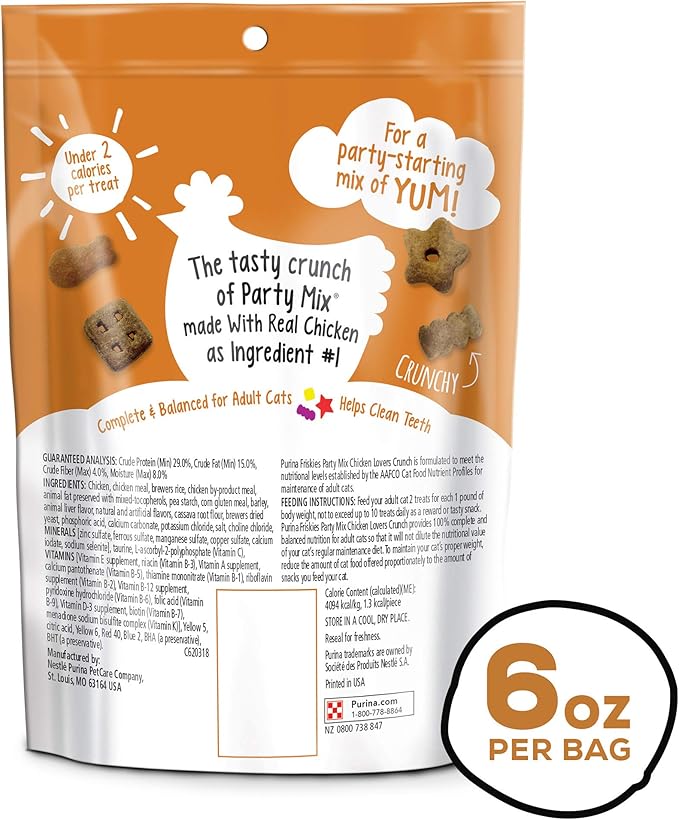 Purina Friskies Made in USA Facilities Cat Treats, Party Mix Chicken Lovers Crunch - (6) 6 oz. Pouches