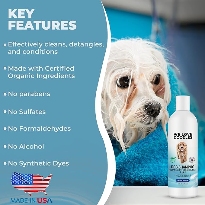 USDA Organic Dog Shampoo, Conditioner & Detangler - Best Shampoo for Goldendoodles, Poodles & Doodles - for Matted Pet Hair - Sensitive Skin Shampoo for Puppies - Made in The USA, 16OZ (Ocean Breeze)