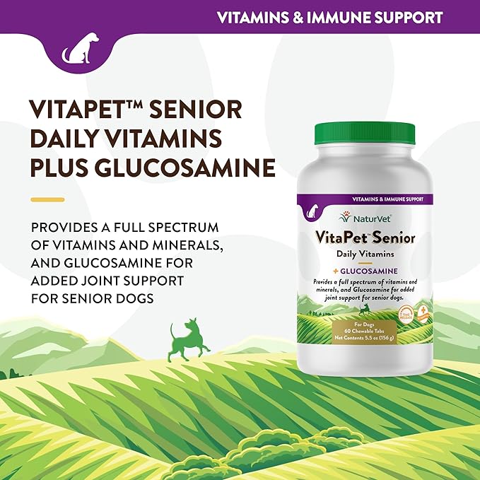 NaturVet –VitaPet Senior Daily Vitamins for Senior Dogs – Plus Glucosamine – Full Spectrum of Vitamins & Minerals – Enhanced with Glucosamine for Added Joint Support – 60 Time Release Tablets