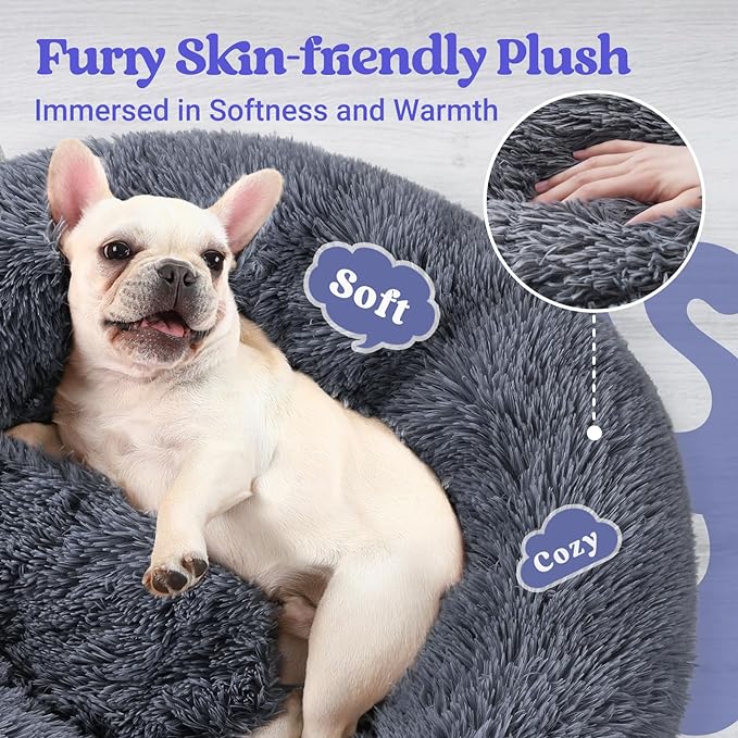 rabbitgoo Calming Dog Bed for Small Dog, 27 inches Pet Bed Washable, Fluffy Round Bed, Non-Slip Plush Large Cat Bed, Soft Cushion for Puppy, Dark Grey