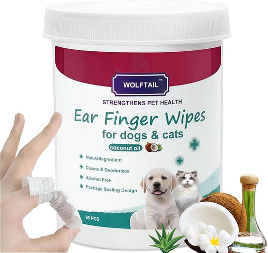 Dog Ear Wipes for Dogs & Cats, Pet ear cleaner wipes - Gently Remove Ear Wax, Debris - Sooths & Deodorizes - Relieve Ear Itching & Inflammation, Fresh Coconut Scent, All Natural - 60 Count