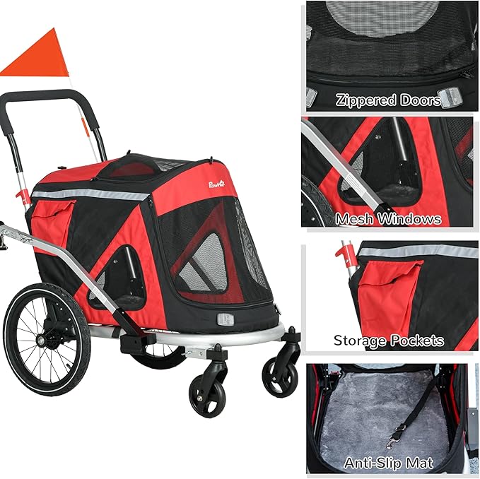 Aosom 2 in 1 Bike Trailer, Foldable Dog Bike Stroller with Aluminum Frame, Quick Release Wheels, Safety Leash, Anti-Slip Mat, Hitch Coupler, Reflectors, Flag for Medium Dogs