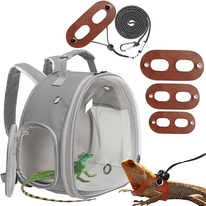 Guinea Pig Carrier,Guinea Pig Carrier for 2,Reptile Travel Carrier for Lizards Sugar Glider Hedgehog Rat Parrot Birds (Black-Grey, Backpack Harness Leash)¡­ (Grey, Backpack+Harness Leash Brown)