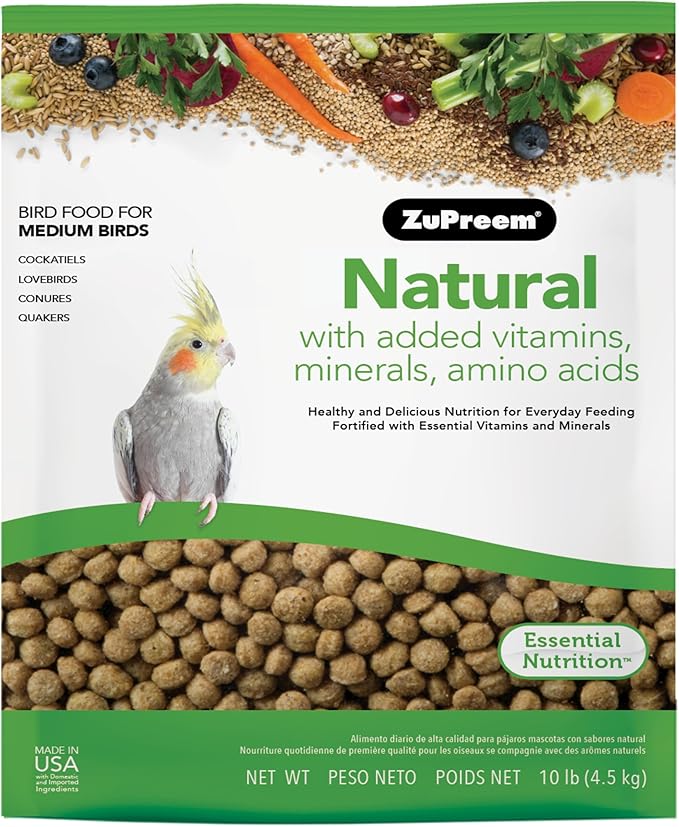 ZuPreem Natural Bird Pellets, Daily Bird Food for Cockatiel, Lovebird, Quaker, Small Conure, Lorikeet, Core Nutrition for Medium Birds, Added Vitamins, Cockatiel Pellets (M, 10 lb)