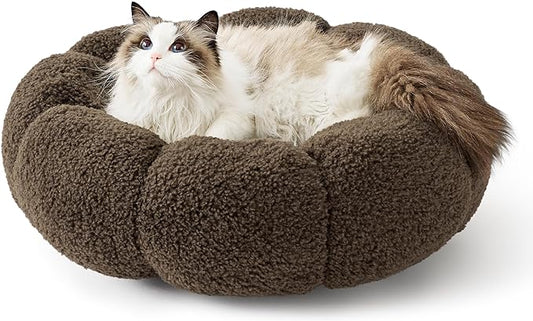 Lesure Calming Cat Beds for Indoor Cats - Cute Flower Pet Beds in Teddy Sherpa Plush, Donut Round Fluffy Puppy Bed, Non-Slip Extra Small Dog Bed Fits up to 15 lbs, Machine Washable, Espresso 20"