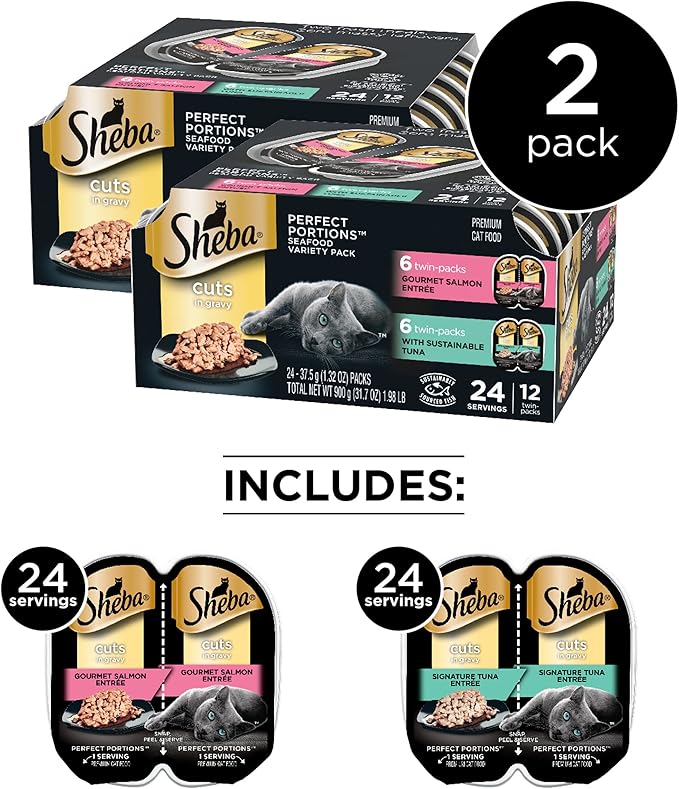 SHEBA PERFECT PORTIONS Cuts in Gravy Adult Wet Cat Food Trays (24 Count, 48 Servings), Gourmet Salmon & Sustainable Tuna, Easy Peel Twin-Pack Trays