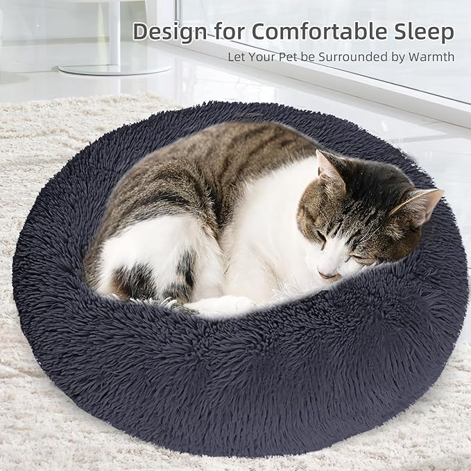 Cat Bed for Indoor Cats,24 Inch Cat Bed & Dog Bed Machine Washable, Fluffy Round Pet Bed Non-Slip, Calming Soft Plush Donut Cuddler Cushion Self Warming for Puppy and Kitten