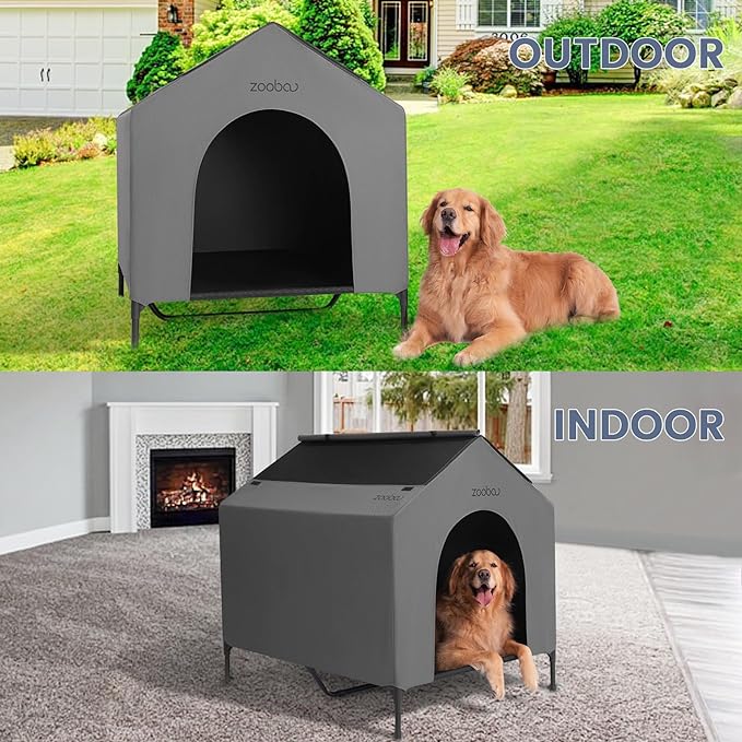 42” Outdoor Dog House for Large Breeds, Durable Large Dog Shelter with Weatherproof 600D PVC Canopy, Breathable 2x1 Textilene Fabric Elevated Dog Bed, XL Dog Kennel for Outside Use