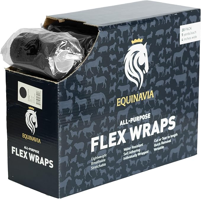 Equinavia 20 Pack Self Adhesive 4 Inch Vet Wraps with Easy-Dispenser Case | Bandages for Horses, Pets, Sports, Tattoo - Black - 20 x 5 yd - Black - 20 x 5 yd