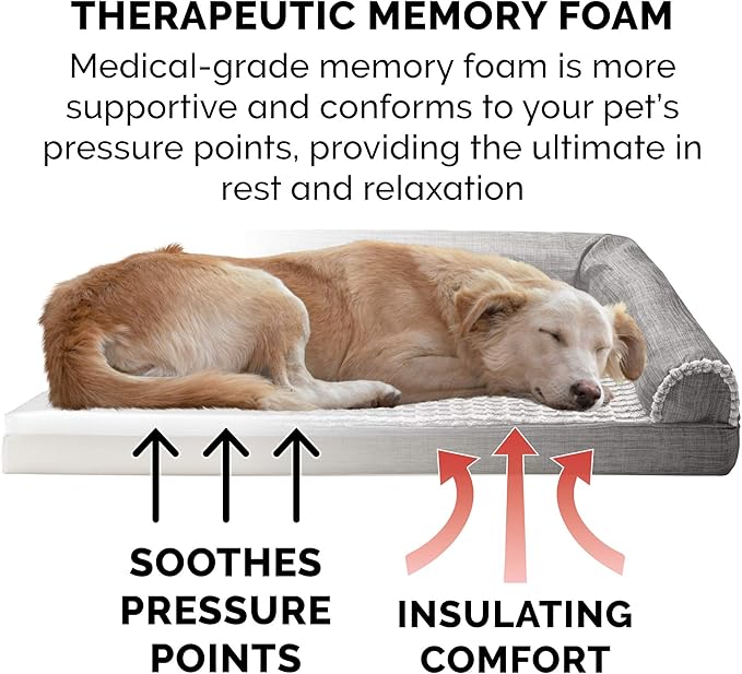 Furhaven Memory Foam Dog Bed for Large Dogs w/ Removable Bolsters & Washable Cover, For Dogs Up to 95 lbs - Luxe Faux Fur & Performance Linen Sofa - Charcoal, Jumbo/XL