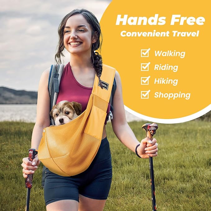 Dog Carrier Sling, Hand-Free Dog Sling Carrier for Small Dogs and Cats，Travel Safety Puppy Bag (Yellow)
