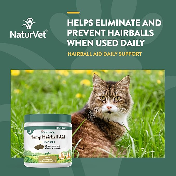 NaturVet Hemp Hairball Aid Plus Hemp Seed for Cats, 60 ct Soft Chews, Made in The USA