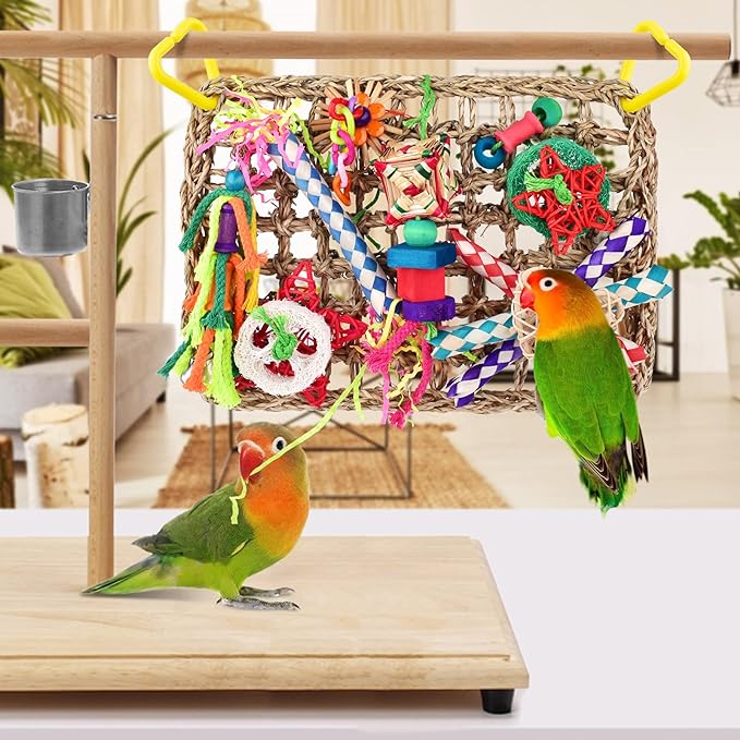 KATUMO Bird Toys, Large-Sized Parrot Foraging Wall Grass Mat Conure Chewing Hanging Toys Cockatiel Climb Hammock Parakeet Toys for Small-Medium Birds