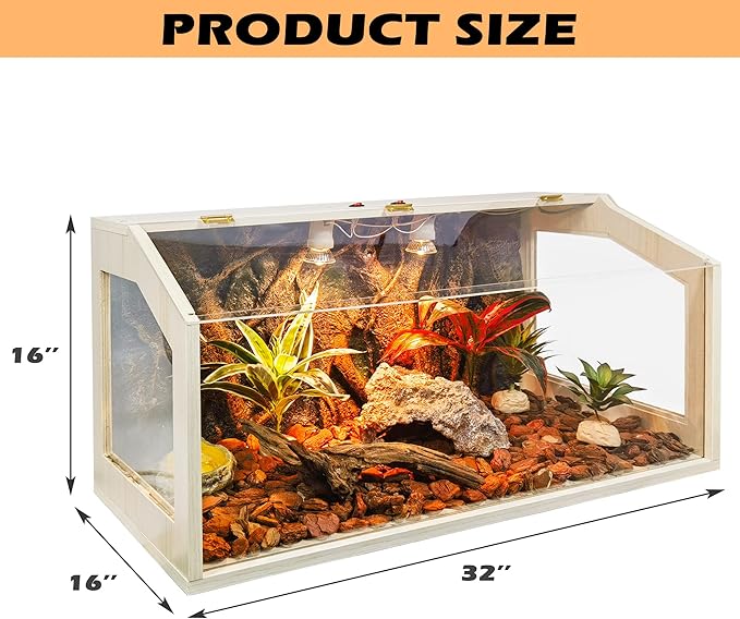 Reptile Terrarium, Lizard Tank Up to 68 Gallons, Bearded Dragon Tank with Roof Door, Snake Tank with Built-in Lamp Fixture and Switch (28 Gallon, 32" Long, Openable Wood Roof)