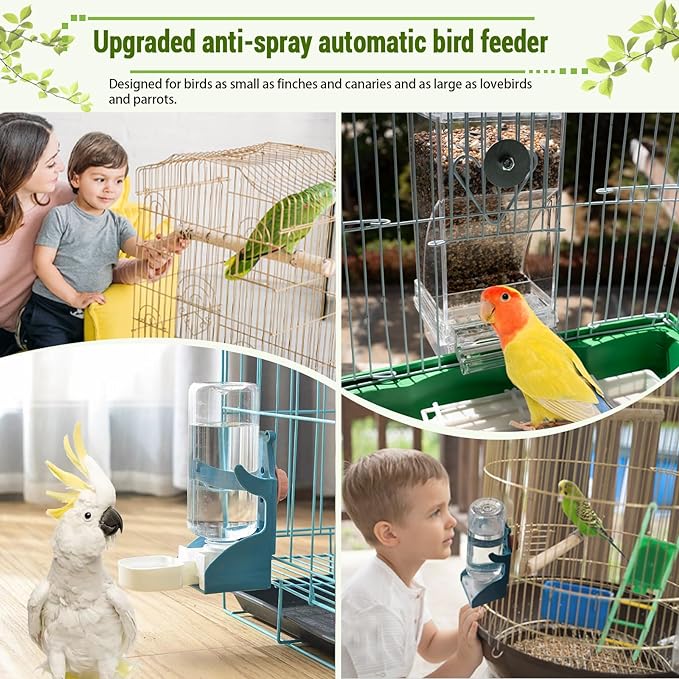 No Mess Bird Water Feeder Dispenser Set, Automatic Bird Feeder for Cage, Parakeet Cage Accessories, Parrot Cockatiel Seed Food Container Drinker for Squirrel Finch Lovebirds Budgies Canary