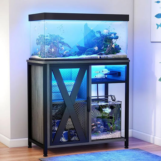 DWVO 20-29 Gallon Aquarium Stand with Power Outlets & LED Light, Cabinet for Fish Tank Accessories Storage - Metal Fish Tank Stand Suitable for Turtle Tank, Reptile Terrarium, 350LBS Capacity, Grey