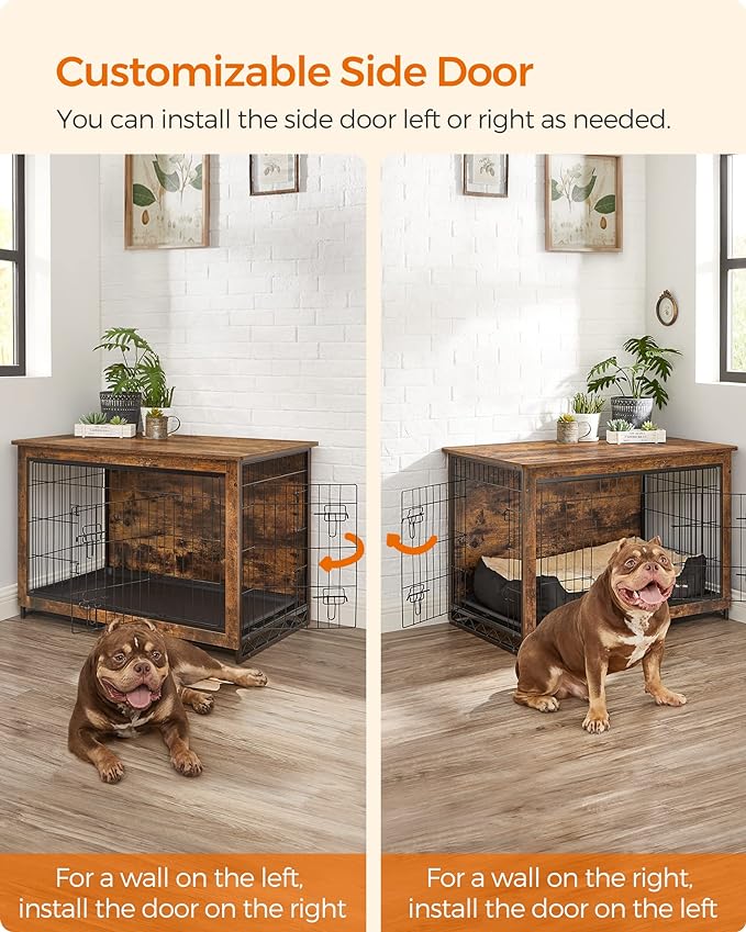 Feandrea Dog Crate Furniture, Side End Table, Modern Kennel for Dogs Indoor up to 70 lb, Heavy-Duty Dog Cage with Multi-Purpose Removable Tray, Double-Door Dog House, Rustic Brown UPFC003X01