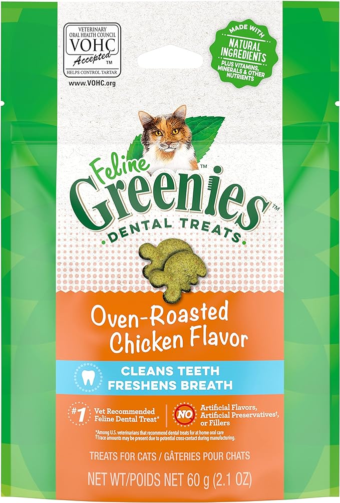 Greenies Feline Adult Natural Dental Care Cat Treats, Over Roasted Chicken Flavor, 2.1oz. Pouch