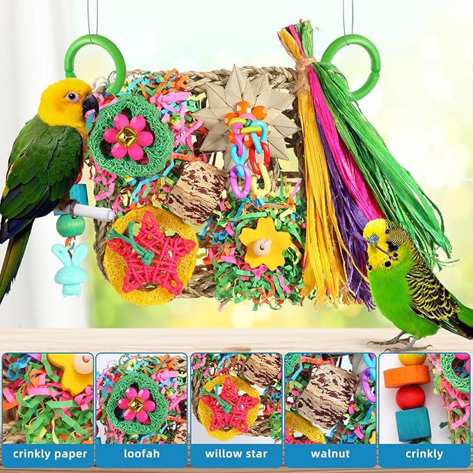 Bird Toys, Parakeet Toys Bird Foraging Toys Grass Mat Climbing Wall for Parakeet,Parrot,Cockatiel,Conure,Lovebird,Budgie Cage Small to Medium Birds (Warm Sun)