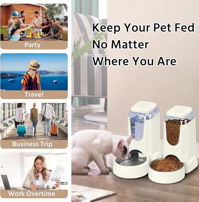 2 Pack Automatic Cat Feeder and Stainless Steel Water Dispenser, Gravity Dog Waterer Set Food Feeder and Waterer Set for Small Medium Kitten Puppy Pets (1 Gallon x 2, Ivory White)