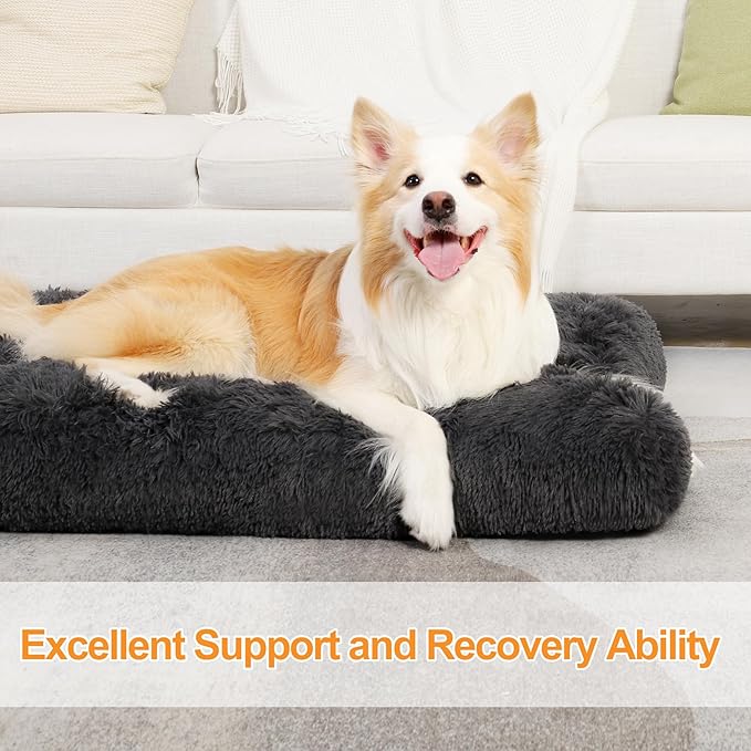 KSIIA Dog Crate Bed Washable Dog Beds for Extra Large Dogs Deluxe Plush Fluffy Comfy Thick Kennel Pad Anti-Slip & Anti-Scratch Pet Sleeping Mat, 41 x 27 Inch, Dark Gray