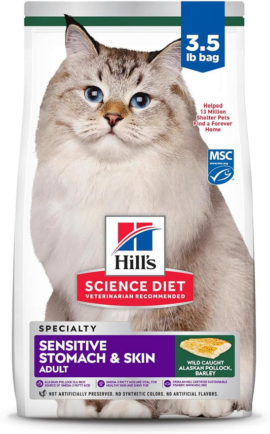 Hill's Science Diet Sensitive Stomach & Skin, Adult 1-6, Stomach & Skin Sensitivity Support, Dry Cat Food, Pollock & Barley, 3.5 lb Bag