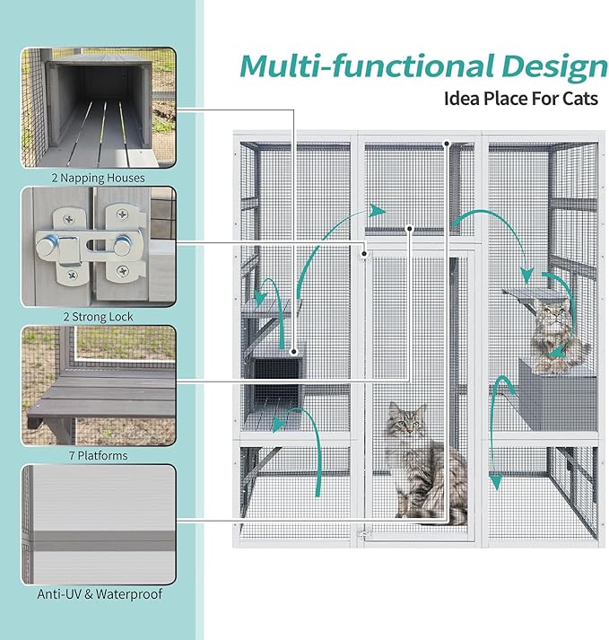 72 Inch Wooden Catio Outdoor Cat Enclosure w/ 2 Napping Houses, Luxury Kitty-House with 7 Jumping Platforms & Weatherproof Asphalt Roof, Walk-in Kitty Kennel Condo Shelter