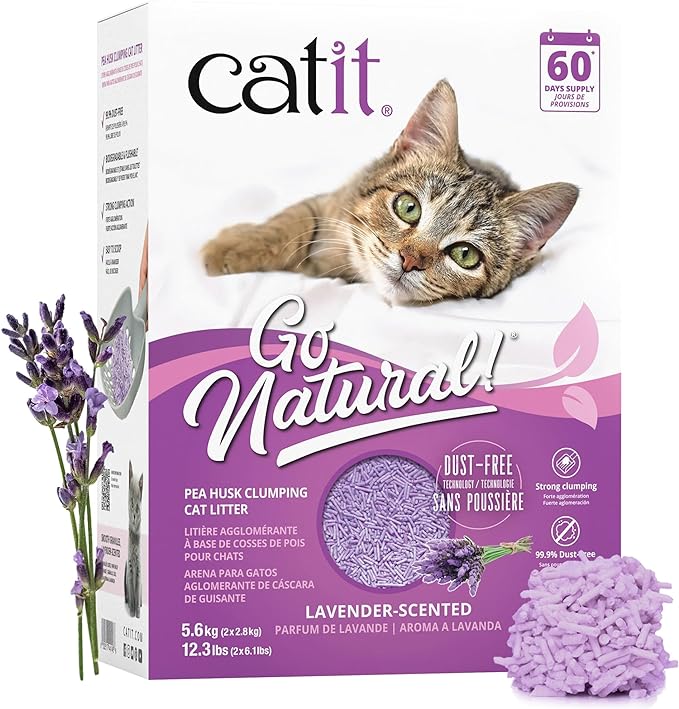 Catit - Go Natural Pea Husk Clumping Cat Litter - Lightweight, Dust Free, Easy Cleaning & Scooping, Flushable Kitty Litter with Odor Control & Subtle Fragrance - 12.3 Lbs, Lavender Scented