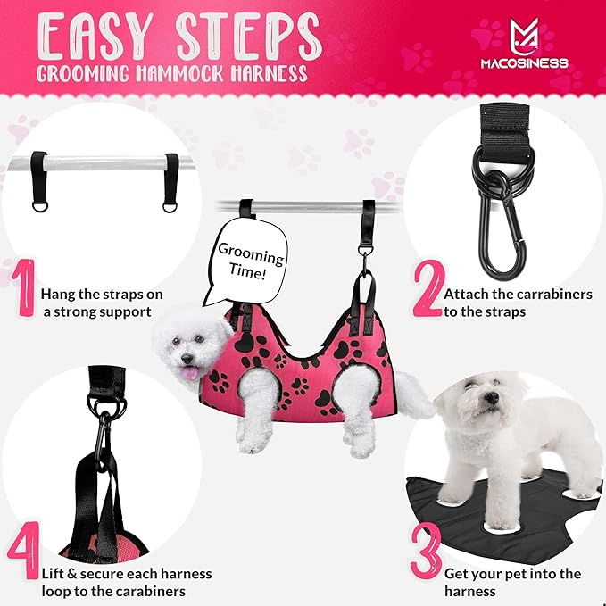 Pet Grooming Hammock for Nail Trimming - Complete Groomers Helper Set for Pet - Dog Grooming Hammock with Hook - Cat Nail Clipper - Dog Hammock for Nail Clipping (S, Pink with black paws)