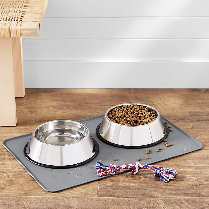 Amazon Basics - Waterproof Anti-Slip Silicone Pet Food and Water Bowl Mat, 24 x 16 Inches, Grey, Solid
