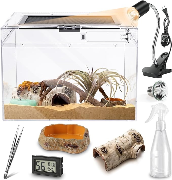 Reptile PC Terrarium - Anti Breakage 19.5x9.4x10.5 in Amphibians Tank Starter Kits, Top Sliding Door Screen Ventilation Mini Habitat Cages, Hygrometer Thermometer, Hide Cave, Tweezer, Sprayer